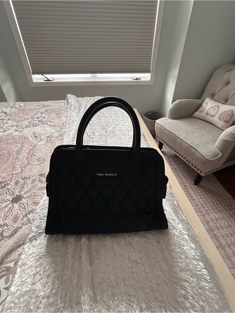 Vera Bradley Black Leather Structured Satchel Bag | Classic Top Handle